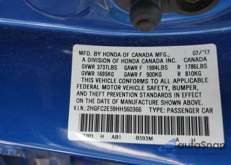 2017 Honda Civic Lx z USA, uszkodzony, nr VIN 2HGFC2E59HH560366